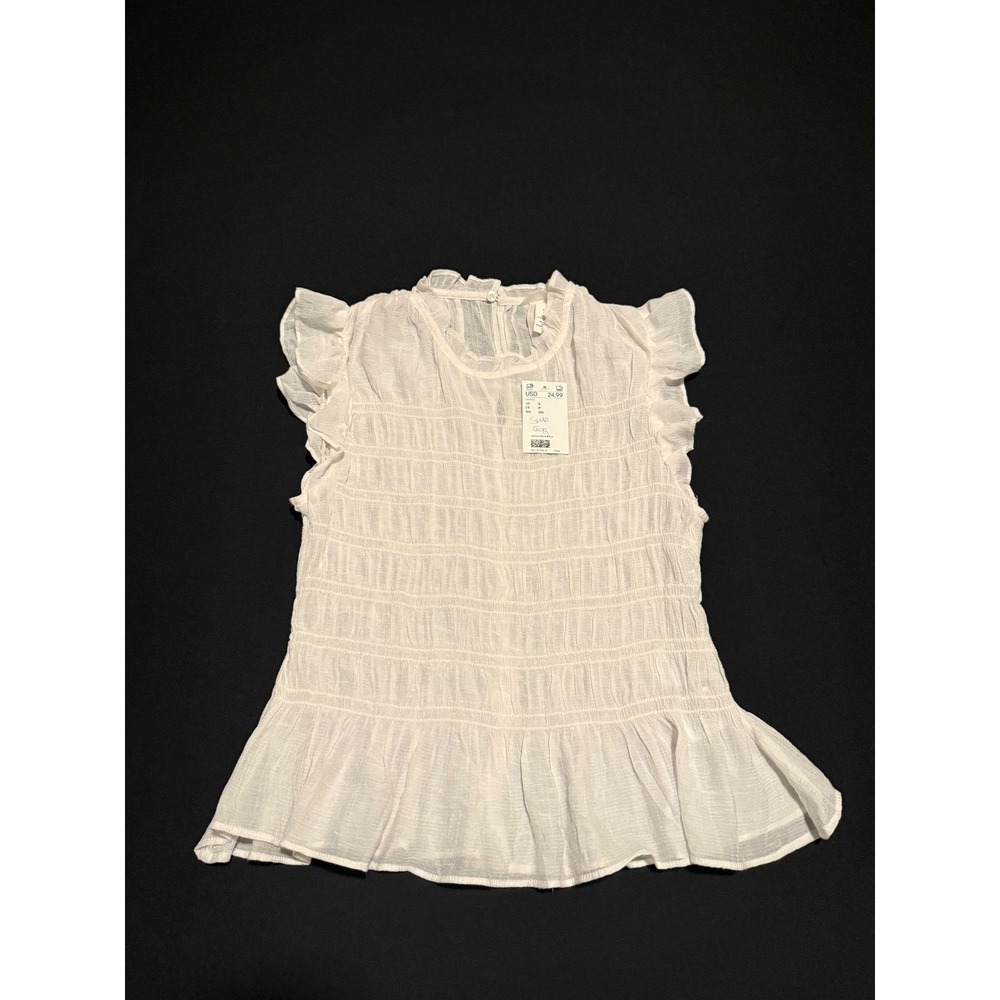 NWT H&M White Smocked Peplum Blouse Ruffle Cap Sleeve Top Small NEW